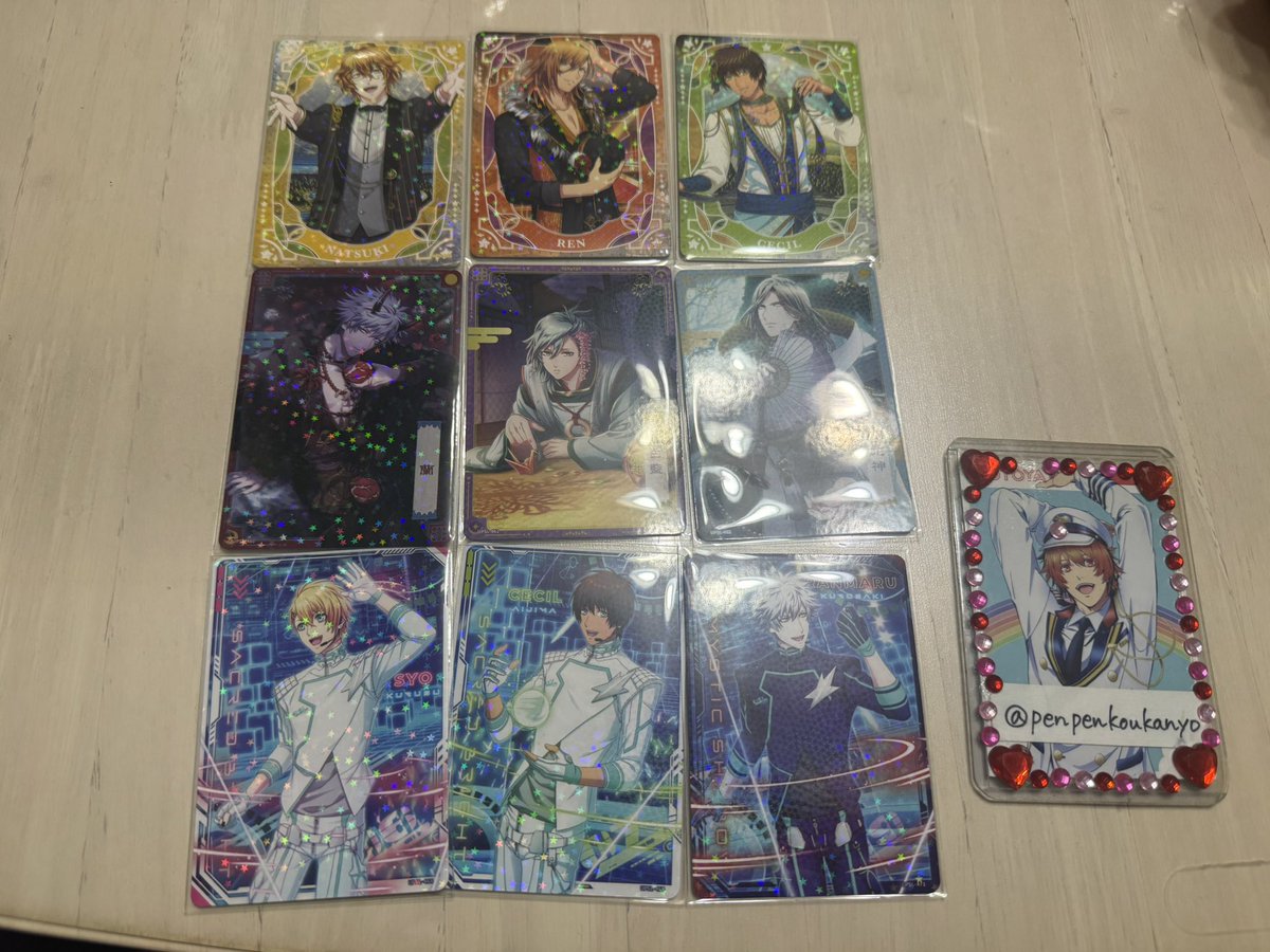 penpenkoukanyo's tweet photo. 【交換】うたプリ　シャニライ　ビジュコレ　Vol.5  ノーマル

譲:那月、レン、翔、セシル、蘭丸、藍、カミュ

求:音也、トキヤ、嶺二(👑＞無印)

6/7(日)新宿手渡し
6/19(金)13時以降カルライ事前物販会場付近手渡し
6/21(日)カルライ現地手渡し
別日京王線内手渡し

→ https://t.co/wsTDUXZufM