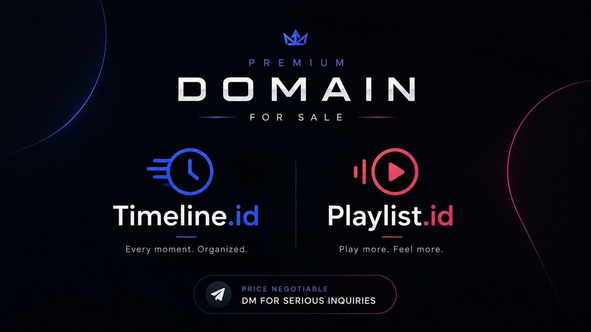 domaineri's tweet photo. Two memorable names.
Unlimited branding potential.

Timeline .id and Playlist .id
Available for acquisition.
Open to negotiation via DM. #domainforsale #domainer #playlist #timeline https://t.co/wApH4n9qfR
