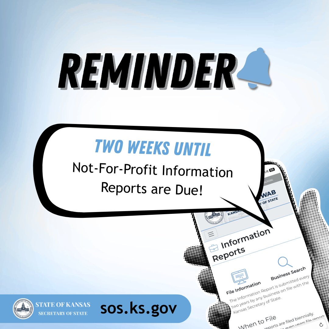 KansasSOS's tweet photo. 🚨Not-For-Profit Business Information Reports are due June 1⃣5⃣. Visit https://t.co/SlcLTlwLxd to file before the deadline. 

#ksleg #businessfiling #business #kansas #kansasbiz #smallbusiness #notforprofit https://t.co/35Y8f53wp8