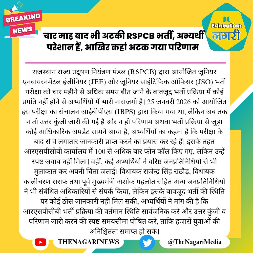 educationnagari's tweet photo. चार माह बाद भी अटकी RSPCB भर्ती, अभ्यर्थी परेशान हैं, आखिर कहां अटक गया परिणाम
#EducationNagari https://t.co/TVZScA0nw8