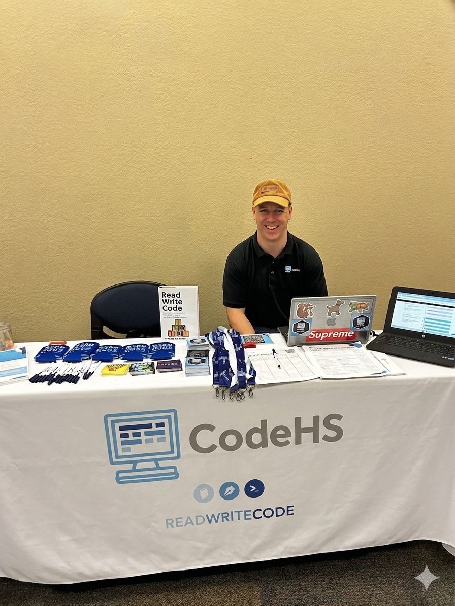 CodeHS's tweet photo. Hey Texas educators 👋 Are you attending the Region 7 Summit? Swing by the CodeHS booth to learn about our Texas-approved courses. Say hi to our great team and get some fun swag! 

#cs #readwritecode https://t.co/57u5wEXrPx