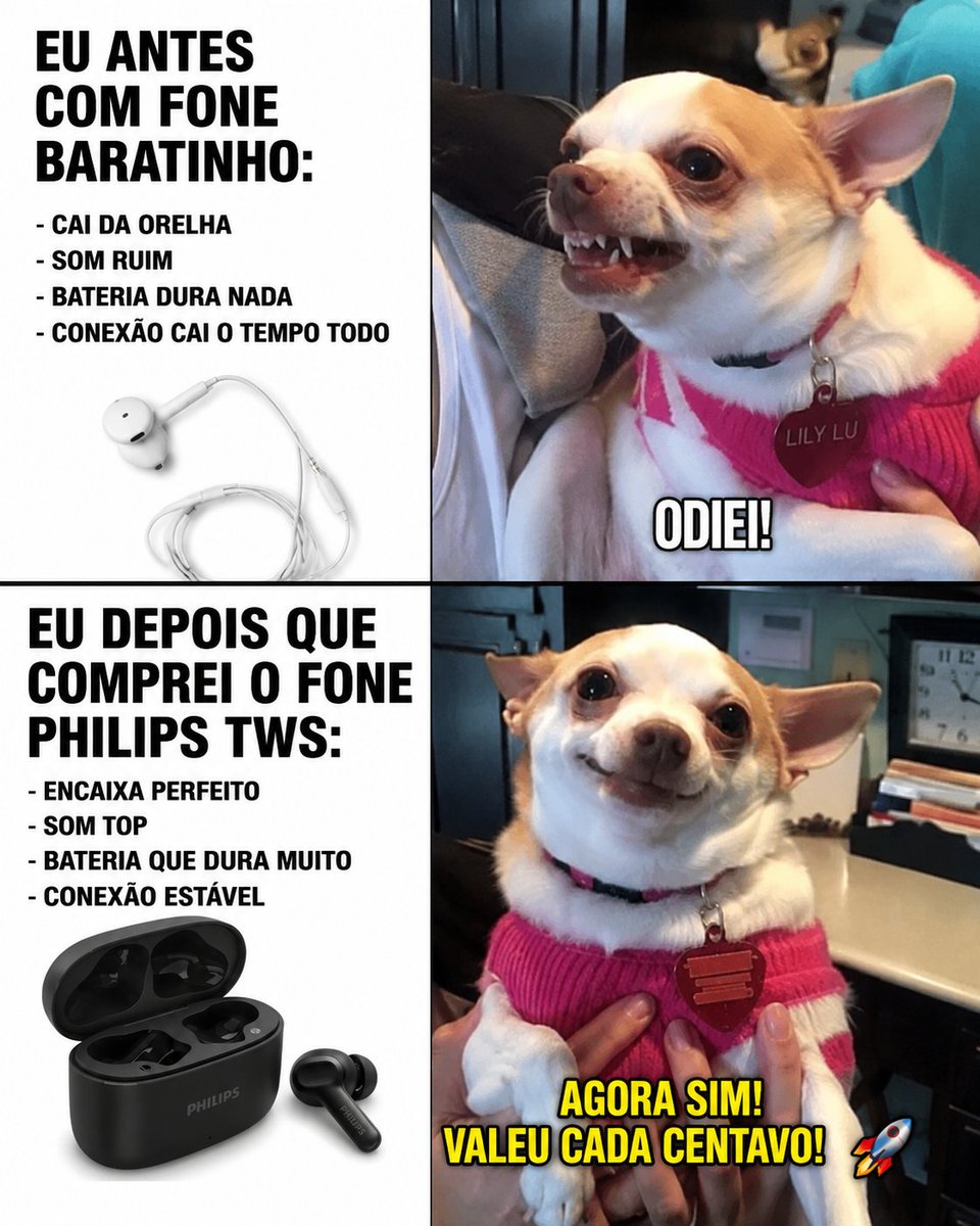 Marcelloedu2011's tweet photo. Eu tentando economizar comprando fone baratinho: 🤡

Eu depois de conhecer o Philips TWS com 24h de bateria, graves potentes e conexão estável: 😎🎧

🔗 Link da oferta: https://t.co/Vp4hzqXR4q

#Philips #FoneBluetooth #AchadosAmazon https://t.co/eV3uhXaRVc