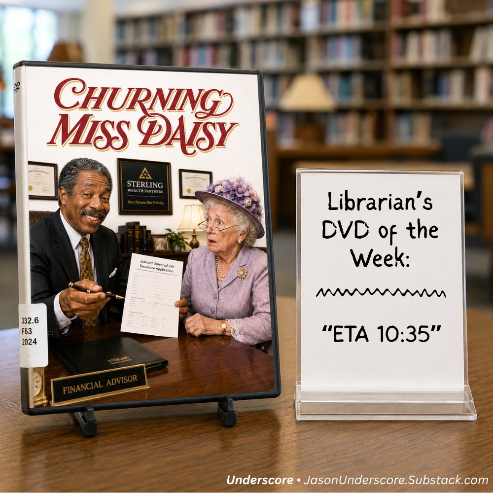 UnderscoreJason's tweet photo. Memento Mori Library Presents...

Churning Miss Daisy

"ETA 10:35"

He's the guy driving sales. She's the one being taken for a ride.

Now available at the Memento Mori Library. https://t.co/jw9INeIdyM