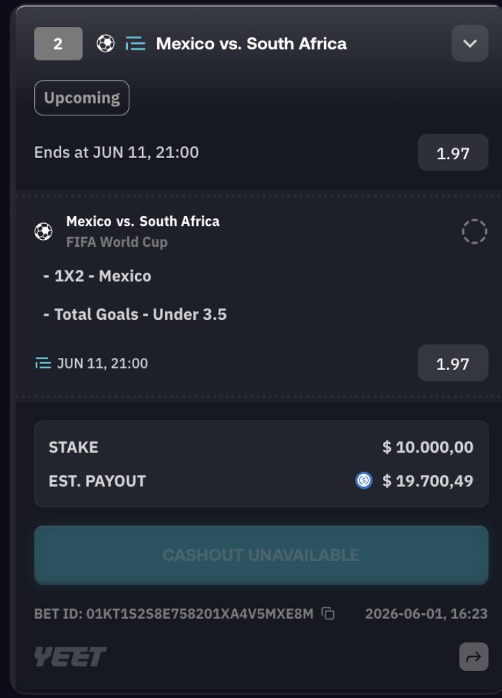 mooncat2878's tweet photo. The MCB x @yeet WC 2026 CHALLENGE is coming for you..

The first bet has been placed $ 10k on Mexico to win and under 3.5 goals 🇲🇽

See the full analysis on the right

The next bets will be multiple choices on different games and the MCB community decides the bet by a vote based on my analysis.

Can we beat the bookie aka YEET?

Can we hit big?

5 bullets of $ 10k to make it big!

Stay tuned and join YEET with CODE MCB to participate in the giveaway of 10% of the end BR + $ 25k if the NL win the WC