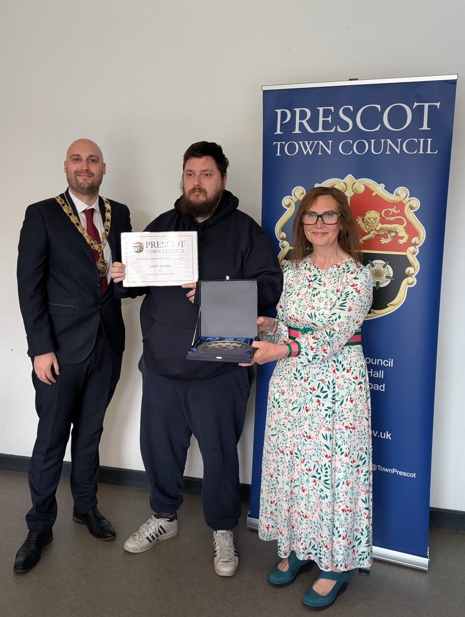 TownPrescot's tweet photo. The winners of this years awards for 2026 are:
Spectrum Connect CIO - Prescot Community Group of the Year
Leslie Jordan - Prescot Citizen of the Year

Special thanks to Jimmy Inglesby for stepping in at short notice with his PA &amp; Presenter skills. https://t.co/kwQEHXVttG
