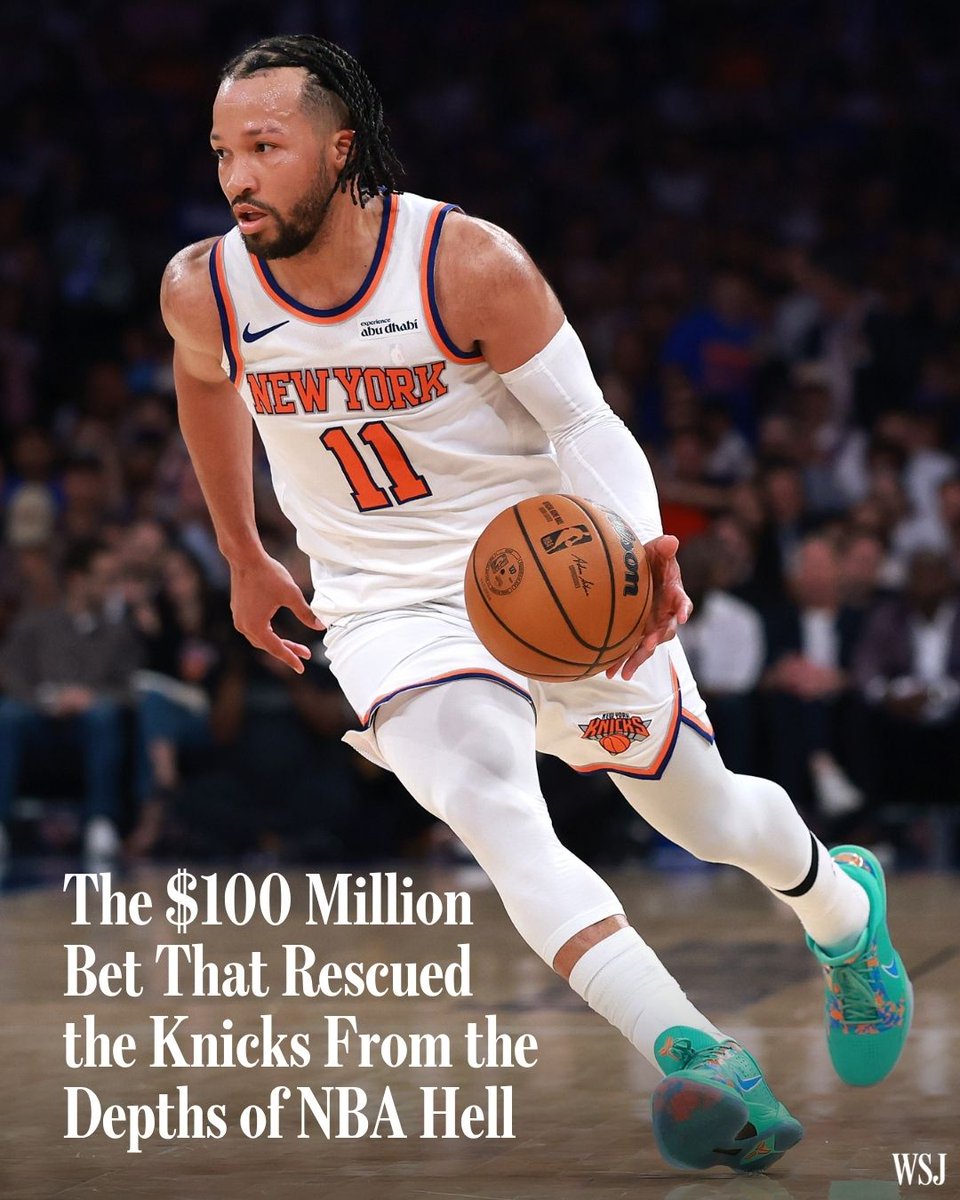 WSJ's tweet photo. When the New York Knicks signed Jalen Brunson in 2022, nobody expected it to be the start of a championship run. Then the NBA’s ultimate underdog turned into basketball’s biggest winner. 🔗 https://t.co/n2x9oGi6Bt https://t.co/xqXY9D0N1K