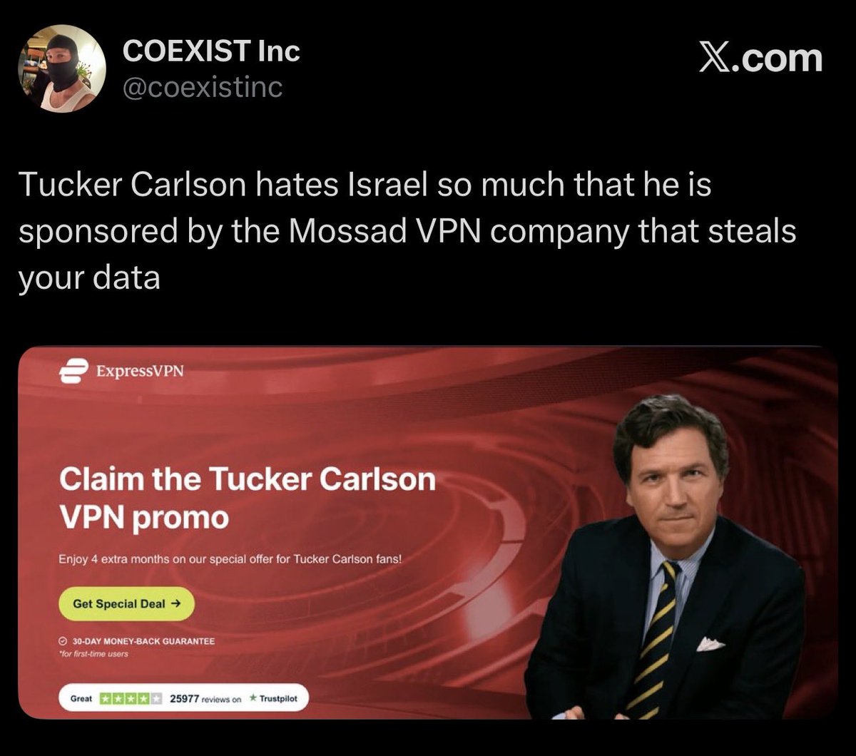 coexistinc's tweet photo. @Jeff02662111 Yeah he needs to be up to date on which podcasts are sponsored by mossad VPN companies https://t.co/Y5ELtAhmyl