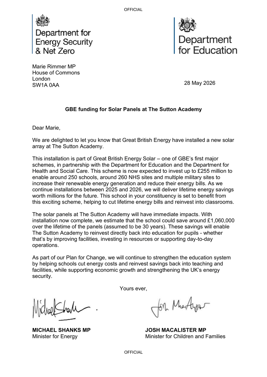 MarieRimmer's tweet photo. I’ve received confirmation from the Government that new solar panels have been installed at Sutton Academy through Great British Energy’s solar scheme.

The school will save around £1 million over the lifetime of the panels, money that can go back into the school's facilities. https://t.co/Evd9SaobVJ