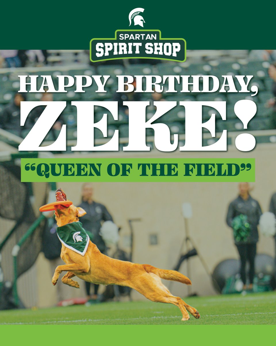 MSUGear's tweet photo. 🥳 Happy birthday to our new "Queen of the Field," Zeke V! 🐕 👑 

We're celebrating today in style with @SpiritShopMSU and official licensee @Image1One with a meet-and-greet and new merch drop! Be sure to drop by the Spartan Spirit Shop in 1855 Place from noon-2pm today to wish Zeke a happy birthday and pick up some new swag! 

Can't make it? Check out the new items... exclusively available in store and online at https://t.co/1CJCemb26T 🔗 

#zekethewonderdog #msu #michiganstate #spartanstyle #gogreen