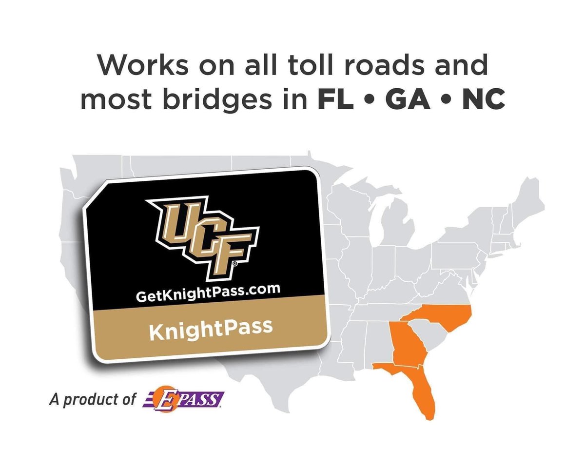 MyKnightPass's tweet photo. It's #TollPassTuesday, #KnightNation! ⚔️ 

Q: Why get a #MyKnightPass toll sticker? 🚗💨

A: Benefits:

✅ Toll savings
✅ Works throughout FL, GA &amp; NC
✅ Pays for parking at #MCO &amp; Port Canaveral
✅ Tracks usage online
✅ No monthly/annual fees

#GoKnights #ChargeOn #GetEPASS https://t.co/VRwRN4zEAH