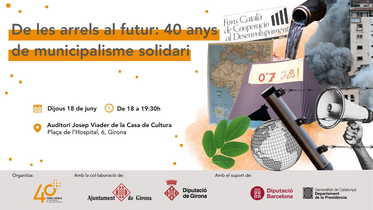 FonsCatala's tweet photo. El @FonsCatala fa 40 anys!🌱Tornem a #Girona, on va començar tot, per celebrar l'acte «De les arrels al futur». Un espai de reconeixement i reflexió sobre el futur de la cooperació municipalista

📅18 de juny 🕚18h 
📍Auditori @casadeculturagi
Inscriu-te: https://t.co/v9FTkbuKxc https://t.co/HFlIQjfPri
