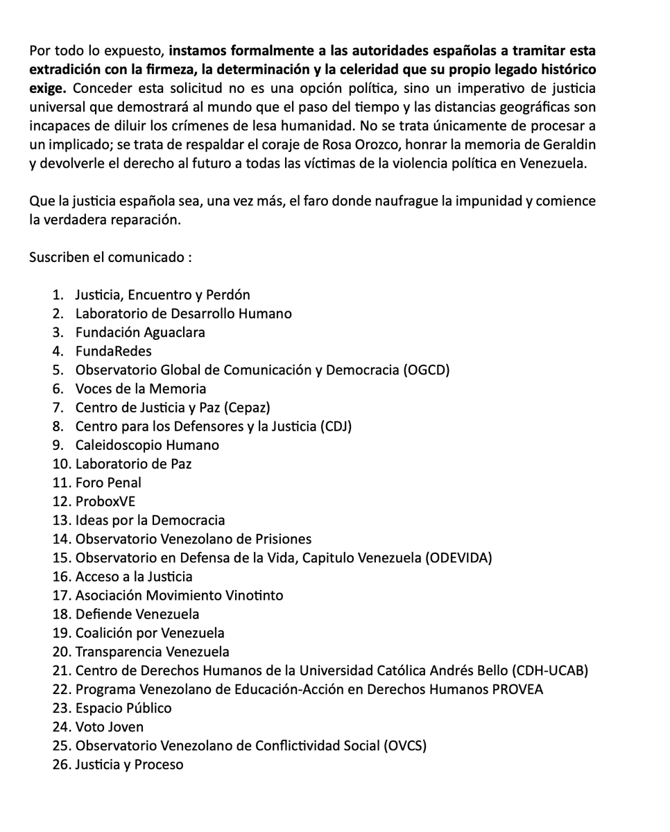 JEPvzla's tweet photo. 26 organizaciones de la sociedad civil instamos a las autoridades de España a tramitar con celeridad la extradición a Argentina del excoronel (GNB) Ephraín Verdú Torrelles.  

Un paso histórico contra la impunidad en Venezuela 🇻🇪 y a favor de las víctimas. El principio de Jurisdicción Universal debe prevalecer.   

Lee el comunicado