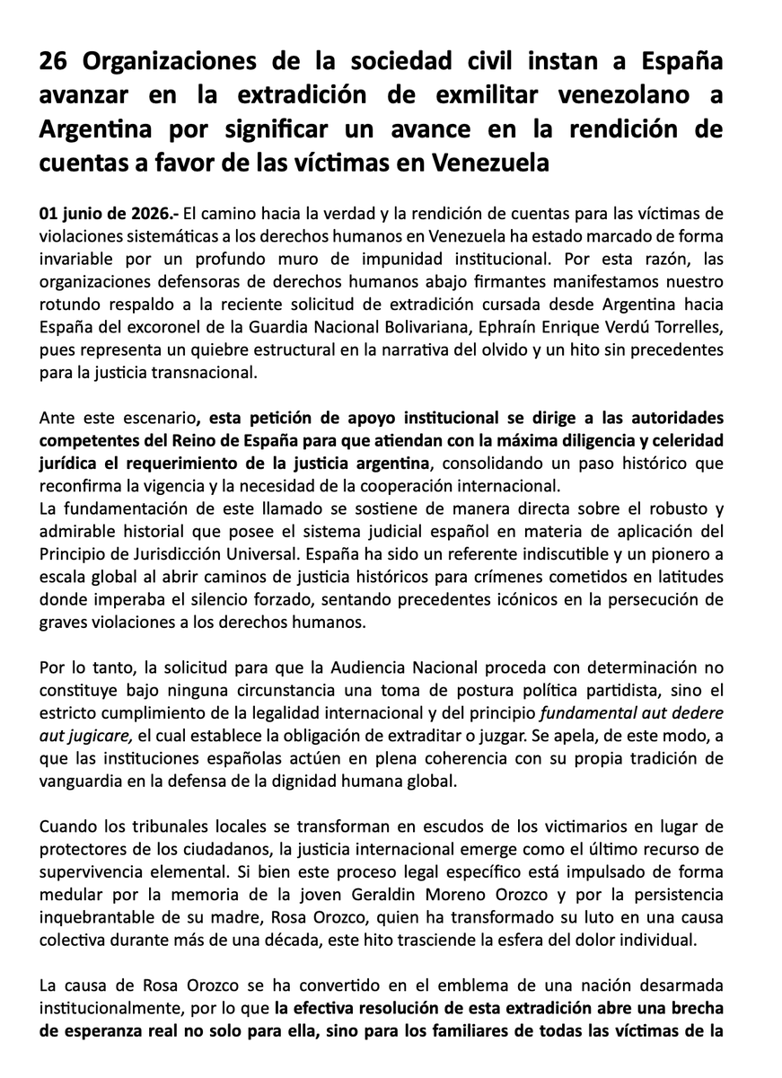 JEPvzla's tweet photo. 26 organizaciones de la sociedad civil instamos a las autoridades de España a tramitar con celeridad la extradición a Argentina del excoronel (GNB) Ephraín Verdú Torrelles.  

Un paso histórico contra la impunidad en Venezuela 🇻🇪 y a favor de las víctimas. El principio de Jurisdicción Universal debe prevalecer.   

Lee el comunicado