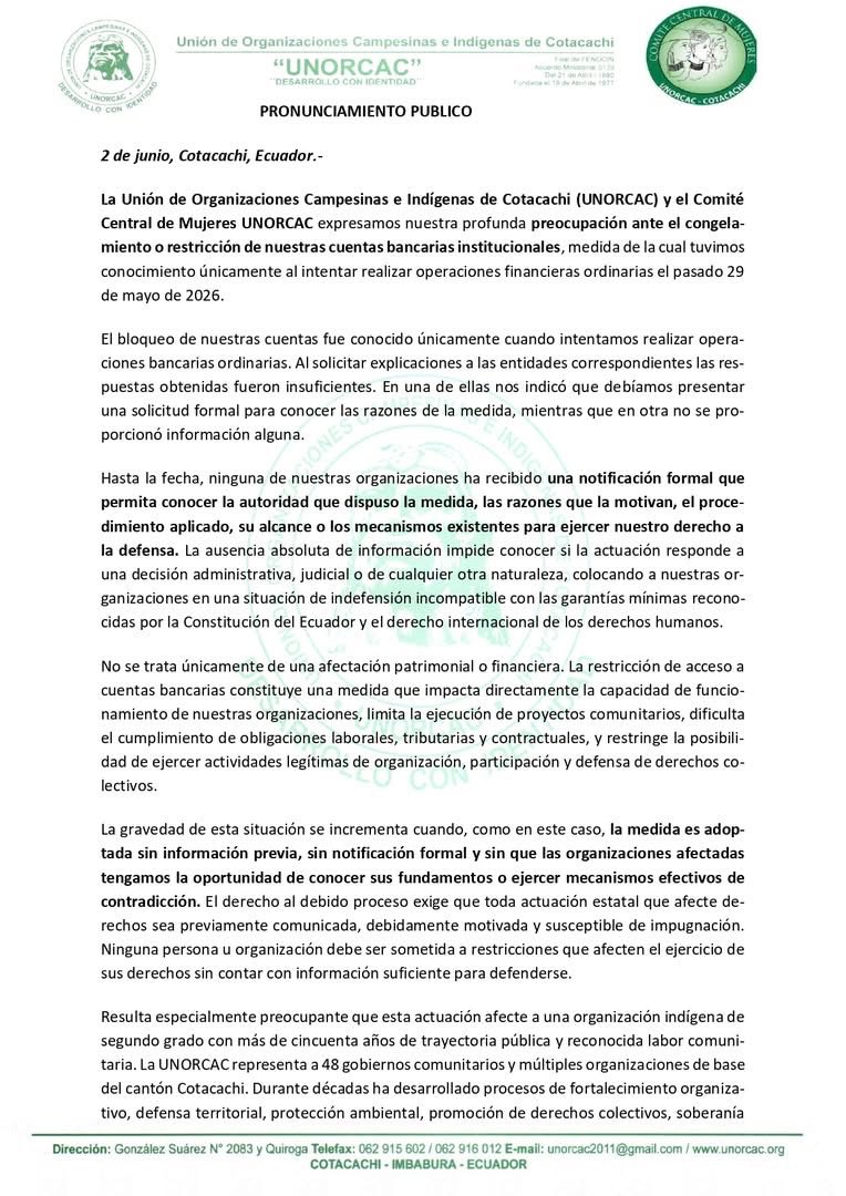 ecuainm_oficial's tweet photo. ‼️#URGENTE
La UNORCAC y el Comité Central de Mujeres denunciaron el congelamiento o restricción de sus cuentas bancarias institucionales, asegurando que conocieron la medida al intentar realizar operaciones financieras ordinarias. Las organizaciones afirmaron que no han recibido notificación formal sobre las razones, la autoridad responsable o el procedimiento aplicado, por lo que exigen información inmediata, respeto al debido proceso y la revisión urgente de cualquier acción que afecte a organizaciones indígenas y comunitarias.