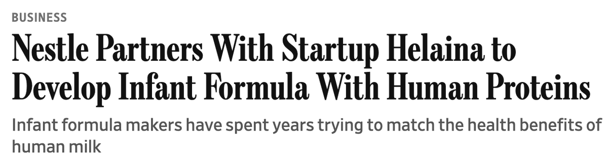 JasonrShuman's tweet photo. When Laura Katz founded Helaina, she wasn't just trying to build a venture-backed business. She was tackling the single most complex area of the global food chain: infant nutrition. 

For decades, the fallback option for millions of families, infant formula, has left a massive compositional gap in digestibility and immune protection because it relied entirely on bovine proteins. 

Today, the world's largest food company validated Laura's relentless 3-year scaling journey. 

As reported on the front page of The Wall Street Journal, Helaina has officially entered a multiyear partnership with Nestlé to advance early-life nutrition through precision fermentation. 

Nestlé is joining leading major supplement brands in the adult category and buying Helaina’s bioidentical human milk proteins to pioneer a completely new standard of baby formula. 

The Investor's Take: People often underestimate the sheer economic leverage of proprietary biotech platforms. 

If you look at the last two major infant formula partnerships driven by core ingredient innovation, they generated over $2B in enterprise value. 

The difference here is that Lactoferrin is a $2B+ market that already exists today, but is strictly derived from Cows. Helaina's human identical protein is not only 10X better for humans, but it'll completely disrupt the market from a cost perspective. As a result, the number of companies adding Helaina's product to SKUs or replacing Bovine all together is exploding...and that's great for both human health and the business

This is a historic milestone for Laura, the entire Helaina team and an even bigger win for families worldwide.