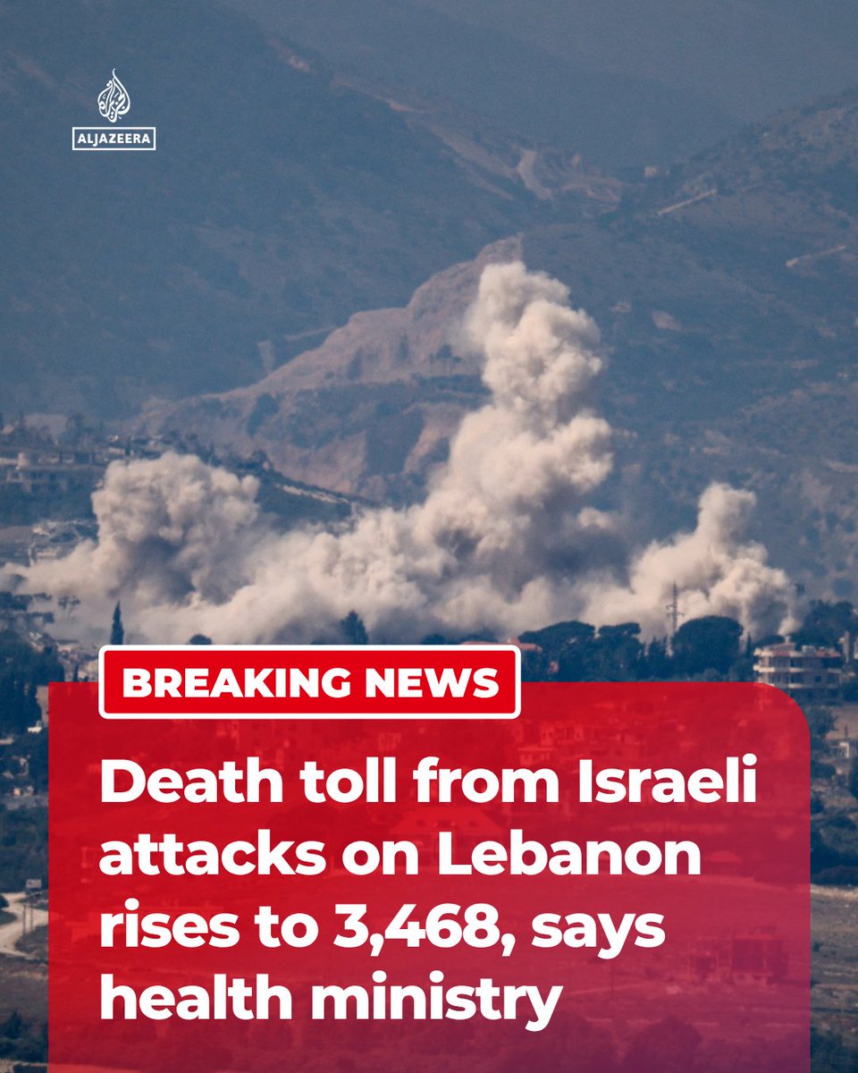 AJEnglish's tweet photo. BREAKING: At least 3,468 people have been killed and 10,577 others wounded by Israeli attacks since March 2, says Lebanon’s Ministry of Public Health.

🔴 LIVE updates: https://t.co/SJxAEZoGzW https://t.co/uBZSbBKuvC
