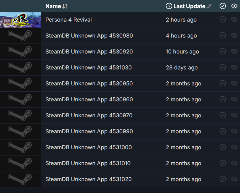 osu_MeovvCAT's tweet photo. Two of the Apps believed to be Persona 4 Revival DLC have been updated on Steam.

One is included in Packages with 6 or more Apps (Non-Standard Edition) while the other is in all standard Packages (Pre-Order DLC)

Note: SteamDB updates are not always a sign of life/activity. https://t.co/eB04wM9lYN