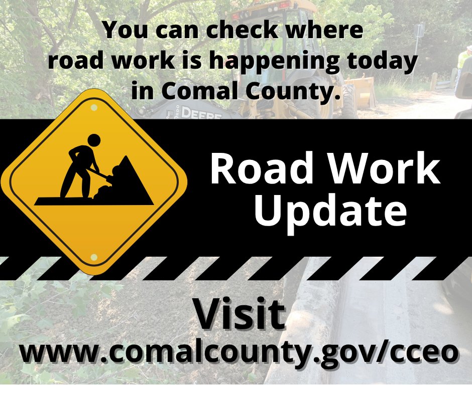 ComalCountyTX's tweet photo. 🚧Did you know you can check on road work happening anywhere in Comal County, any time of day or night?
Just visit the County Engineer's page on our website and click on "Road Work" to see what's going on near you.
https://t.co/H0V5jfq7Qj https://t.co/UxqqYKRxgP