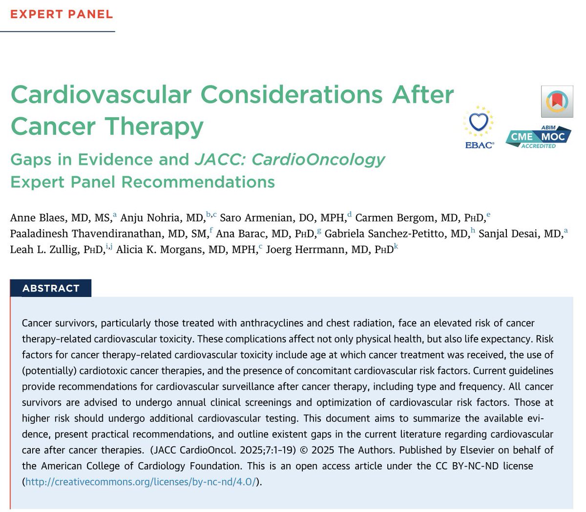 slumberbell's tweet photo. Cardiovascular considerations AFTER cancer therapy🫀

The final paper in a 3 part #JACCCardioOnc Expert Panel series exploring cardiovascular care before, during, & after cancer therapy

Cancer survivors remain at risk for future cardiovascular events throughout their lifespan.

Key contributors include:
🫀Pre-existing CV risk factors: Lifestyle, genetics, family history, race/ethnicity

🫀Cancer treatment-related factors:
📍Cardiotoxic therapies
📍Pharmacokinetic factors
📍Epigenetic changes

🫀Emerging CV risk factors
📍Insulin resistance
📍Dyslipidemia
📍Hypertension
📍Reduced exercise capacity

🫀Long-term survivorship requires a multidisciplinary approach involving oncologists, cardiologists, cancer rehabilitation, primary care physicians, & geriatrics.

Read more in @JACCJournals :
https://t.co/UZjR180Quh

#CardioOncology