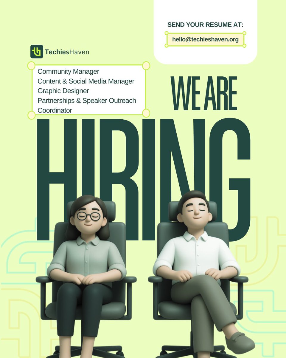 techieshaven's tweet photo. We’re growing! 🚀

Techies Haven is looking for:
✨ Community Manager
✨ Content &amp; Social Media Manager
✨ Graphic Designer
✨ Partnerships &amp; Outreach Coordinator

Ready to help us empower tech newbies and career switchers?

See the flyer for details!!🤗 https://t.co/lSDRrmd26r