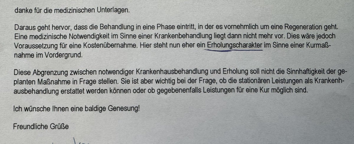 InternistWey's tweet photo. 🔥 Aufreger des Tages 🔥

Privat-Patienten haben üblicherweise keinen Anspruch auf eine Kur, sondern nur bei schweren Erkrankungen auf Anschlussheilbehandlung (AHB) oder Rehabilitation (Rehabilitation). Kuren werden nicht bezahlt.

Leider hast Du über die Rente hinaus arbeitend tatsächlich einen Schlaganfall mit teilweise stabilisierten Symptomen nach sofortiger Lyse (Auflösung des Gerinnsels) erlitten und die Klinik hat einen AHB Antrag gestellt.

Dann kommt eine Sachbearbeiterin der PKV und erklärt Dir, dass das nur eine Indikation für eine Kur wäre. Was für eine Schande 🤬