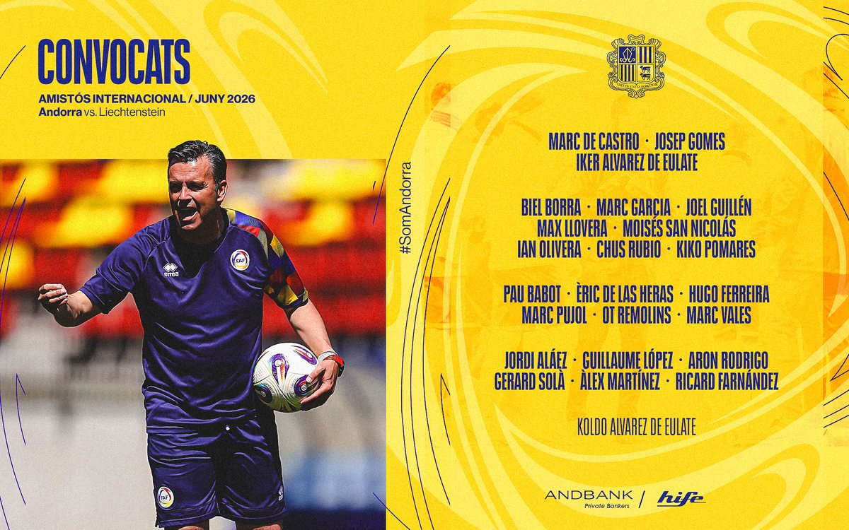 Fedandfut's tweet photo. 📝 LA LLISTA

⚽️ Selecció de Futbol
🤝 Partit amistós
🇦🇩 Andorra - 🇱🇮 Liechtenstein
🗓️ Dijous, a les 19.00h
🏟️ Nou Estadi de la FAF

#️⃣ #SomAndorra https://t.co/EZg7P04tbh