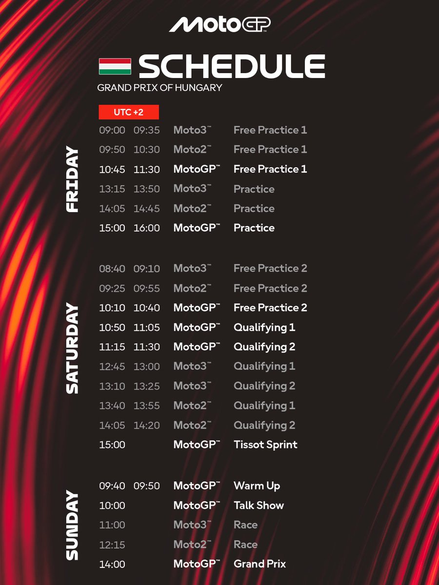 MotoGP's tweet photo. Got plans this weekend? You do now 😏

Set your clocks and don't miss a moment ⏰

#HungarianGP 🇭🇺 | #MotoGP https://t.co/pYH9gIbD6a