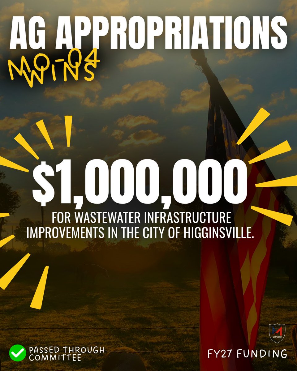 RepMarkAlford's tweet photo. Through @HouseAppropsGOP, we are getting funding to upgrade wastewater infrastructure in Higginsville, MO.

Modern systems. Reliable service.

Building the foundation for long-term growth! 🏗️ https://t.co/Jh7TqYLpEn