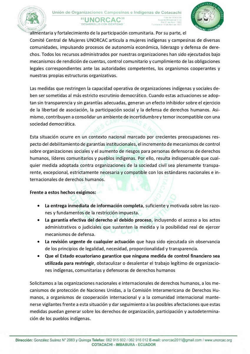 DDHH_Alianza's tweet photo. 🔴DENUNCIA PUBLICA|
La UNORCAC y el Comite Central de Mujeres denuncian el bloqueo de sus cuentas bancarias sin notificación previa ni información oficial.

@hrw_espanol @AmnistiaOnline @FrontLineHRD @AndreaBV_SR_HRD @AlbertBarume @ONU_derechos 
Comunicado UNORCAC ⬇️ https://t.co/UgJk7Xbhuz
