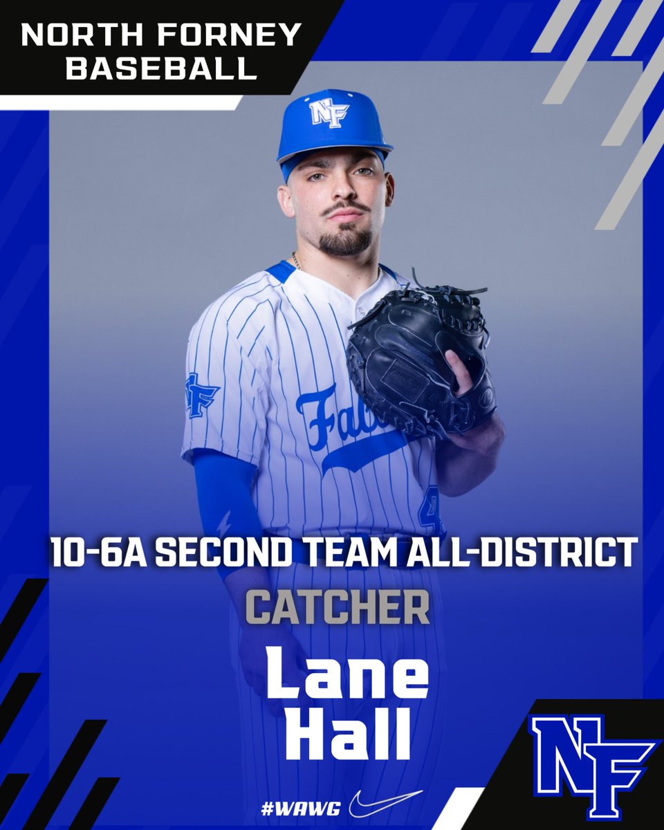 NFBaseball's tweet photo. The Captain himself! Our leader from Day One! 🫡@LaneHall40 

Lane Hall- Senior
District 10-6A
2nd Team-All District
Catcher

#WAWG https://t.co/FF68EfNcPp