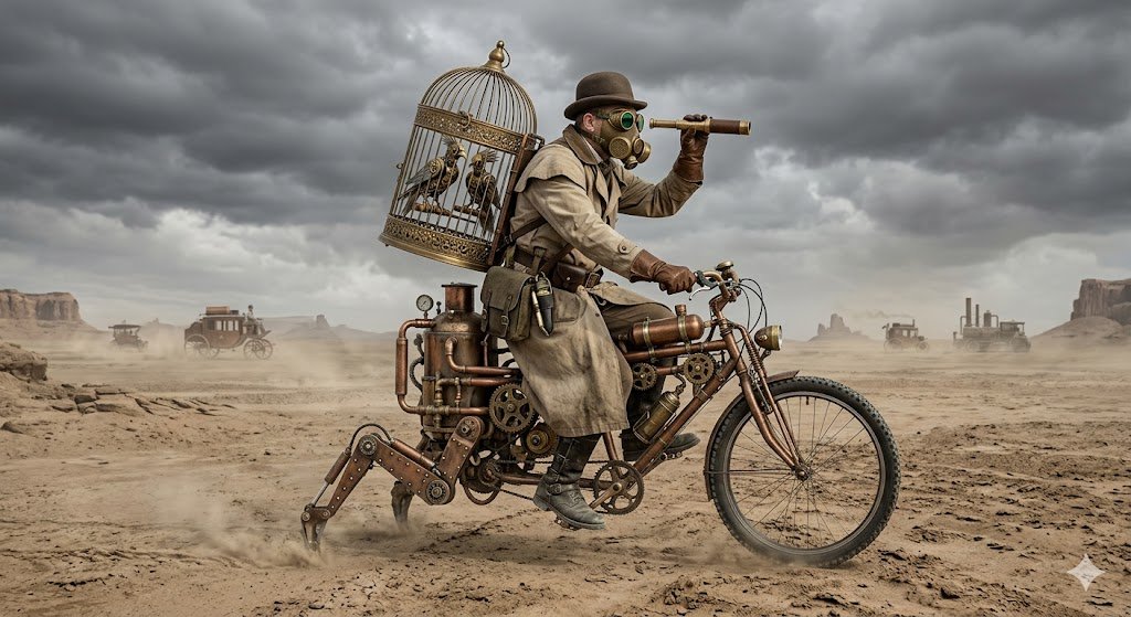 jacobeigengain's tweet photo. steampunk explorer rides a bizarre hybrid contraption, half-bicycle and half-robotic mechanical legs, across a vast, barren desert wasteland under a heavy, overcast grey sky. https://t.co/r7ZqfQ0ErA