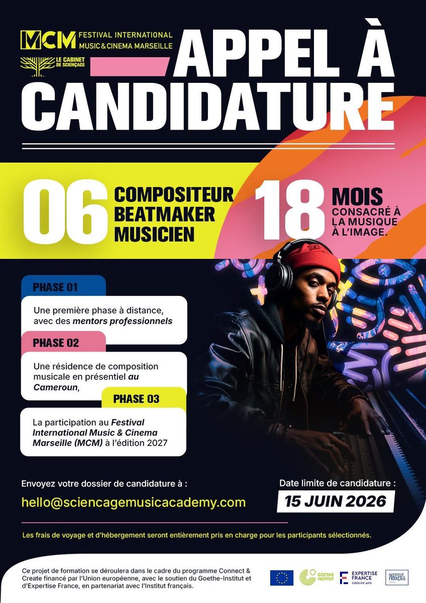 blickbassy's tweet photo. ⚠️ APPEL À CANDIDATURE – MUSIQUE A L’IMAGE 

Vous êtes compositeur·rice, beatmaker ou musicien·ne passionné·e par la création et résidant en Afrique centrale ? Vous êtes le candidat parfait!

Le Cabinet de Sciençage, en partenariat avec le Festival International Music & Cinema Marseille (MCM), lance un programme de 18 mois consacré à la musique à l’image.

Juste 06 places de disponibles pour cette incroyable aventure. 

✅ Frais de voyage et d’hébergement entièrement pris en charge pour les participants sélectionnés.

📂 Dossier de candidature :
• CV professionnel
• Portfolio / liens d’écoute
• Lettre de motivation

📩 Envoyez votre candidature à : hello@sciencagemusicacademy.com

⏳ Date limite : 15 juin 2026

#AppelÀCandidature #MusicAndCinemaMarseille #MCM #Beatmaker #MusiqueÀLImage

Festival international Music & Cinema Marseille

cabinet de sciençage #sciencagemusicacademy 
#musiccinemamarseille
