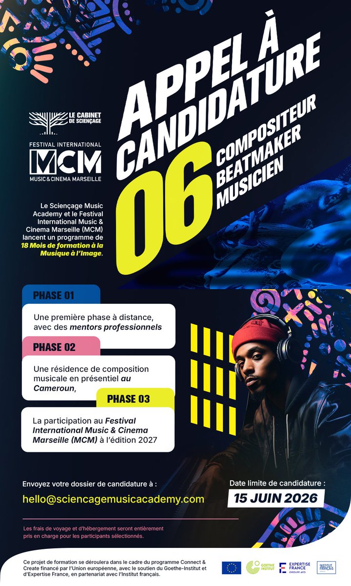 blickbassy's tweet photo. ⚠️ APPEL À CANDIDATURE – MUSIQUE A L’IMAGE 

Vous êtes compositeur·rice, beatmaker ou musicien·ne passionné·e par la création et résidant en Afrique centrale ? Vous êtes le candidat parfait!

Le Cabinet de Sciençage, en partenariat avec le Festival International Music & Cinema Marseille (MCM), lance un programme de 18 mois consacré à la musique à l’image.

Juste 06 places de disponibles pour cette incroyable aventure. 

✅ Frais de voyage et d’hébergement entièrement pris en charge pour les participants sélectionnés.

📂 Dossier de candidature :
• CV professionnel
• Portfolio / liens d’écoute
• Lettre de motivation

📩 Envoyez votre candidature à : hello@sciencagemusicacademy.com

⏳ Date limite : 15 juin 2026

#AppelÀCandidature #MusicAndCinemaMarseille #MCM #Beatmaker #MusiqueÀLImage

Festival international Music & Cinema Marseille

cabinet de sciençage #sciencagemusicacademy 
#musiccinemamarseille