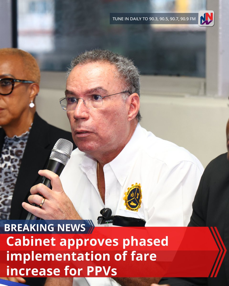 NationwideRadio's tweet photo. BREAKING: Cabinet has approved the 16 per cent fare increase due to operators of public passenger vehicles.

Transport Minister Daryl Vaz made the announcement at a press conference moments ago.

The increase is set to be applied in two tranches.

He says taxi operators will be granted an 8 per cent effective today, June 2.

The following 8 per cent is set to be applied in July.

Minister Vaz says the phased approach balances the economic realities facing operators while minimising the immediate impact on commuters.