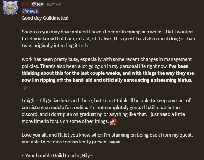 nilyVT's tweet photo. Made a tough decision today.

TL;DR - I'm officially on a streaming hiatus https://t.co/mXKgF62Dl4