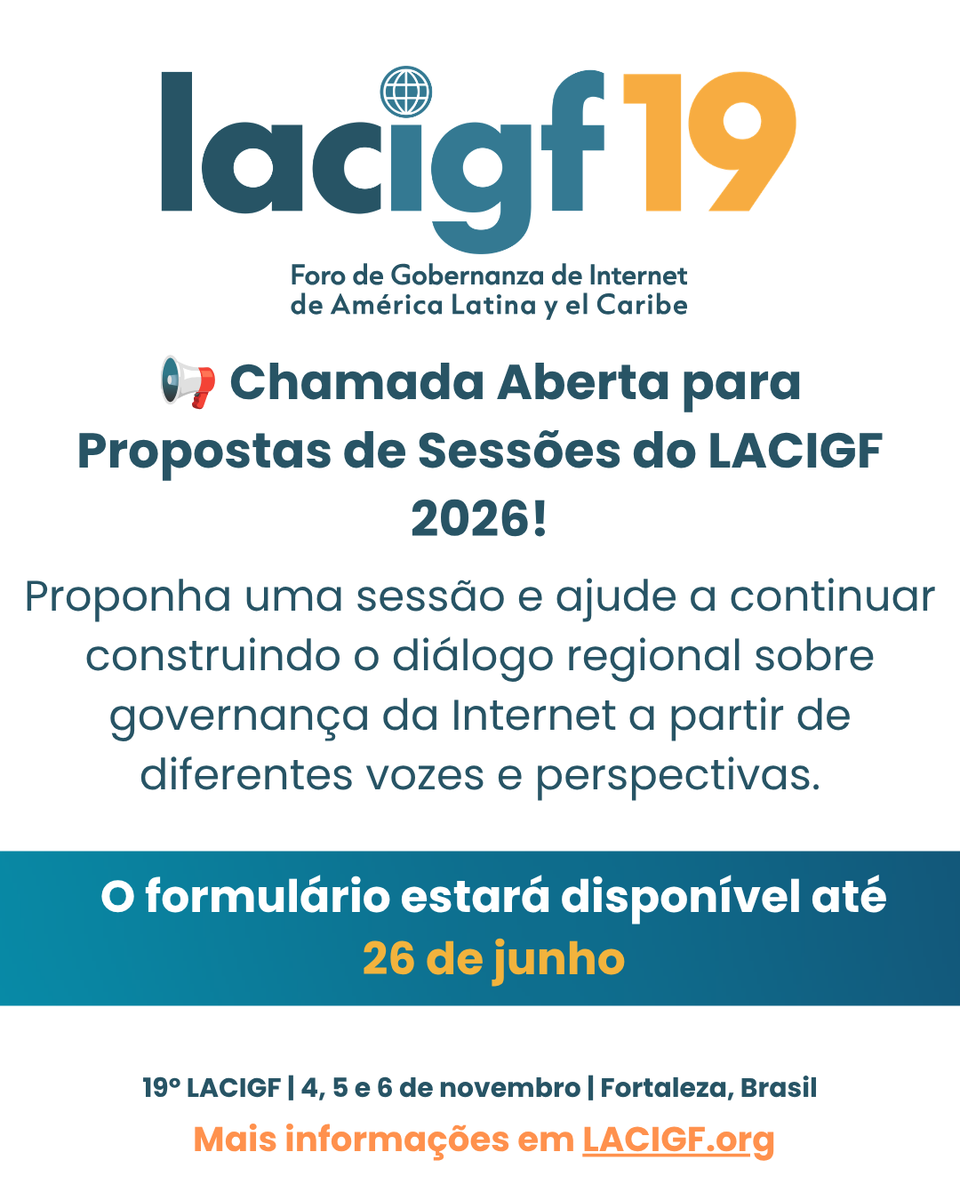 lacigf's tweet photo. Você tem uma proposta para o #LACIGF2026?
Já está aberta a chamada para submissão de sessões para o 19 LACIGF 2026 , que será realizado em 📍Fortaleza, Brasil.
Serão aceitos 💡painéis, oficinas, palestras e muito mais. Envie sua proposta até 26 de junho ➡️ https://t.co/KSYy5JxWO7 https://t.co/cC0uJcoUct
