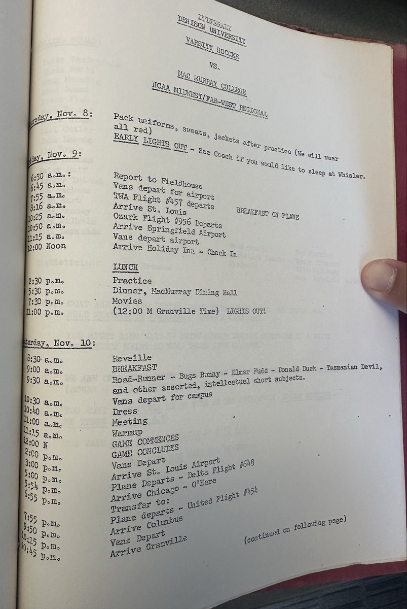 BMBianco's tweet photo. Amazing what you find doing a summer clean in the office. Stumbled across a 1979 NCAA tournament regional trip itinerary. The program at the time was led by Big Red legend Ted Barclay. Happy to report somewhat formal dress is required on current men’s soccer trips! #NoLevis https://t.co/VMKOquOolN