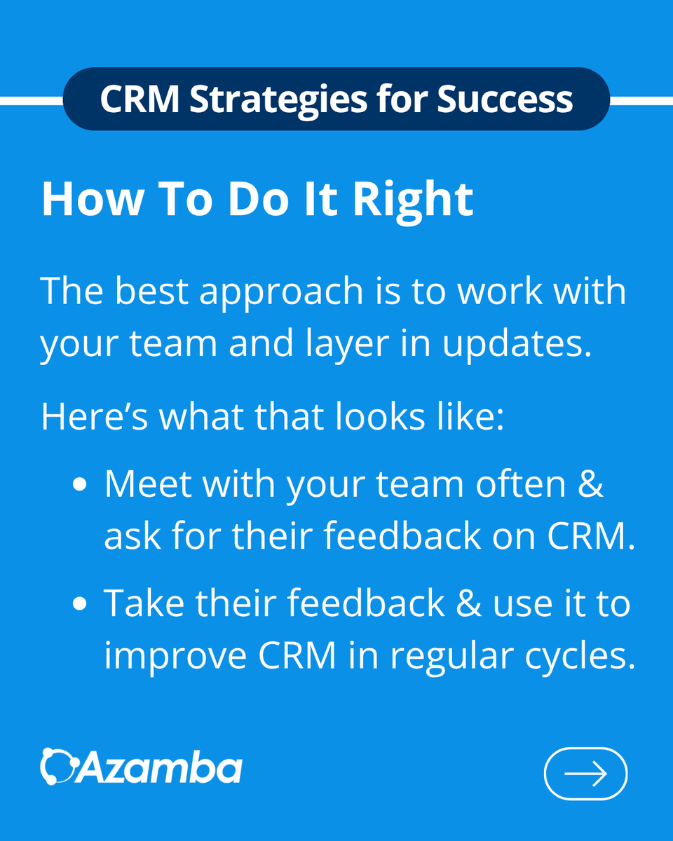AzambaInc's tweet photo. CRM is NOT a one-time deal.

It needs to evolve with your business as it grows.

That way it stays useful and valuable in the long run.

The best way to do that is meeting regularly with your team

Ask for their feedback and use it to shape the system.

Learn more below. ⬇️ https://t.co/QUvwpnHHQl
