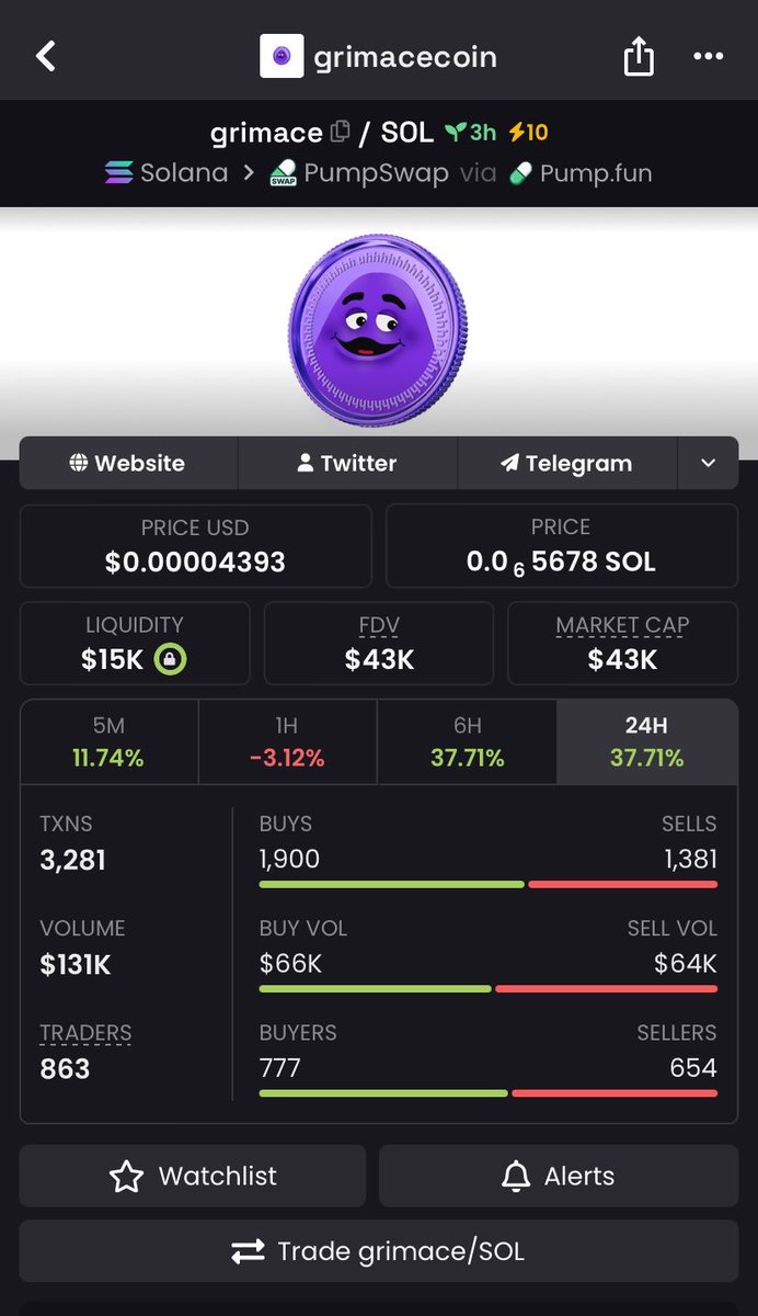 ShawlienTy's tweet photo. Cooking up something big with $grimace. The CA: 3aSWU5BQ8CwTSkQPrp6seeukjcJ8EYXGTUZJhdxmpump. We’re heading for the top tomorrow! The narrative is strong and it’s already getting backing from some major influencers. 
Disclaimer: Just sharing info, not paid to post this. Do your own research!