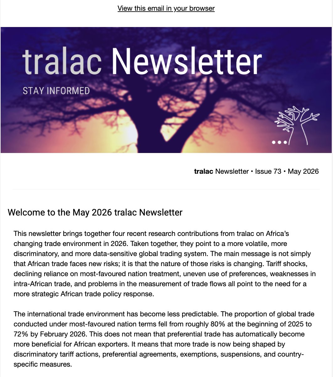 TradeLawCentre's tweet photo. Recent tralac research has focused on Africa’s trade environment in a more volatile, discriminatory, data-sensitive global trading system

The key message is not simply that African trade faces new risks; it is that those risks are changing

➡️ Newsletter https://t.co/CzbWiMr2px https://t.co/E7bP1NiOp6