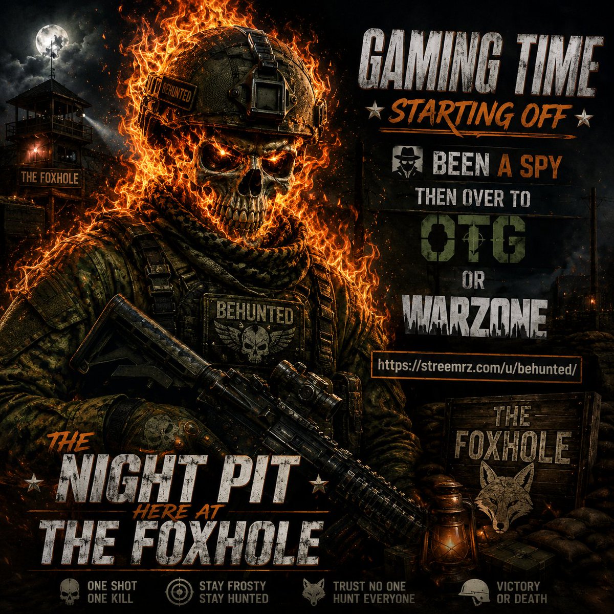 Behunted1984's tweet photo. 🚨 LIVE NOW 🚨

🔥 THE NIGHT PIT @ THE FOXHOLE 🔥

Starting the night off playing Been a Spy before dropping into OTG or causing absolute chaos in Warzone! 💀🎯

Expect laughs, fails, clutch moments, and plenty of madness!

🎮 Join the squad:
 https://t.co/lNMTFTfcPp

#Gaming #LiveStreaming #Warzone #OTG #BeenASpy #Streamer #TwitchStreamer #GamingCommunity #FPS #LiveNow  #FoxholeGaming  #TheFoxhole @FoxholeMedia_
@blaze_stream #blazeup #GamingOnRumble
@rumblevideo @ULTI_Supps @Oasis_Grips