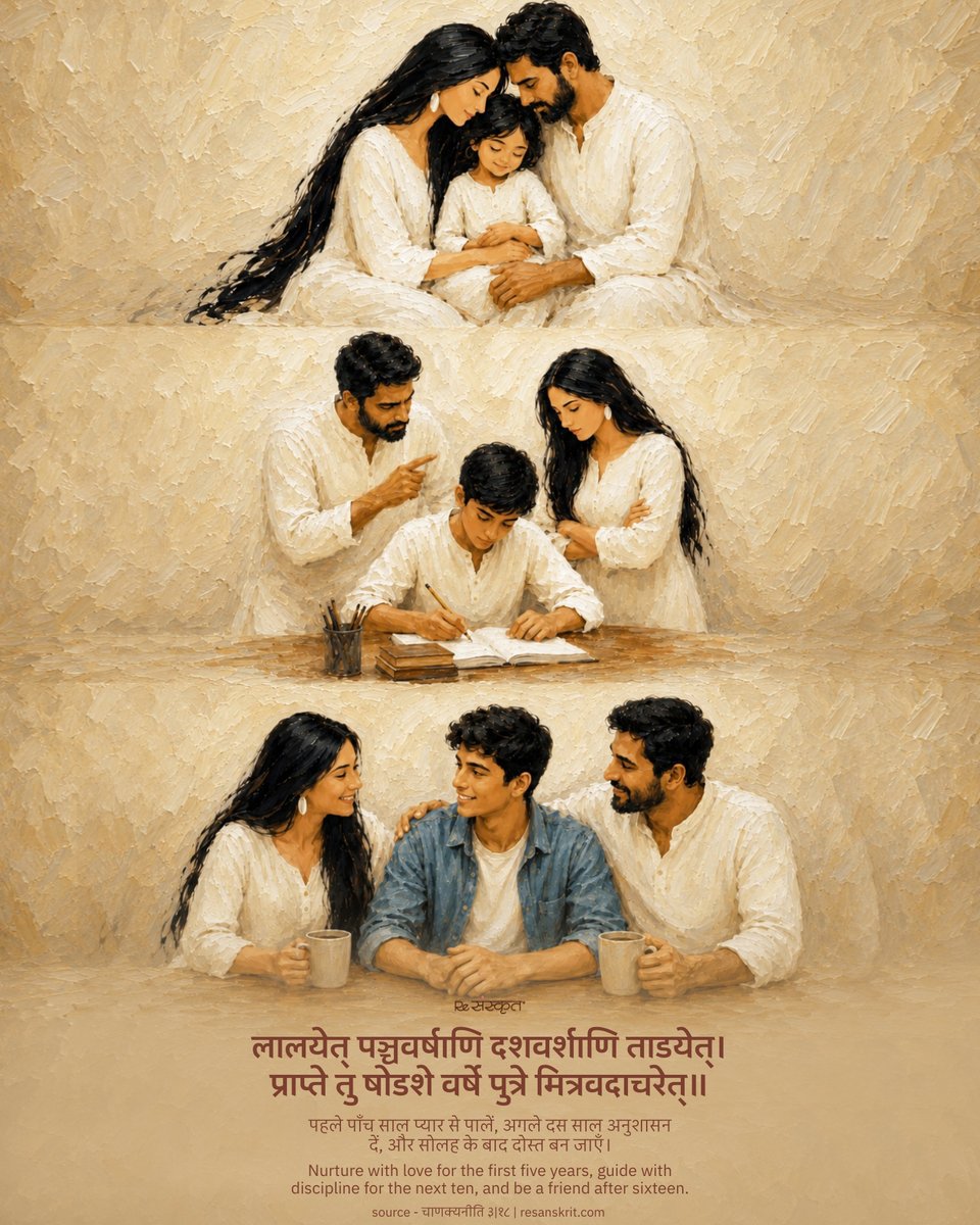 ReSanskrit's tweet photo. Children need different things at different stages of life - love in early years, guidance while growing up, and friendship as they mature.

A timeless parenting insight from Chanakya.

#Parenting #ChanakyaNiti #Sanskrit #Wisdom #AncientWisdom #IndianWisdom https://t.co/H0nd6AfSWE