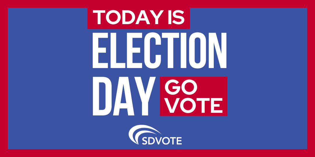 SDVOTE's tweet photo. It's Election Day! Vote centers and official ballot drop boxes are open until 8 p.m. tonight. 

Visit https://t.co/TxOD015iwp for official election information. https://t.co/7Do7wEoIHf