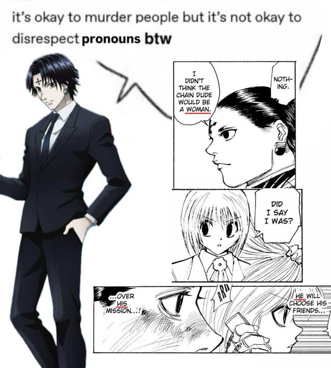 kuroxkura's tweet photo. chrollo using the right pronouns after kurapika corrected him https://t.co/IifF8InSsN