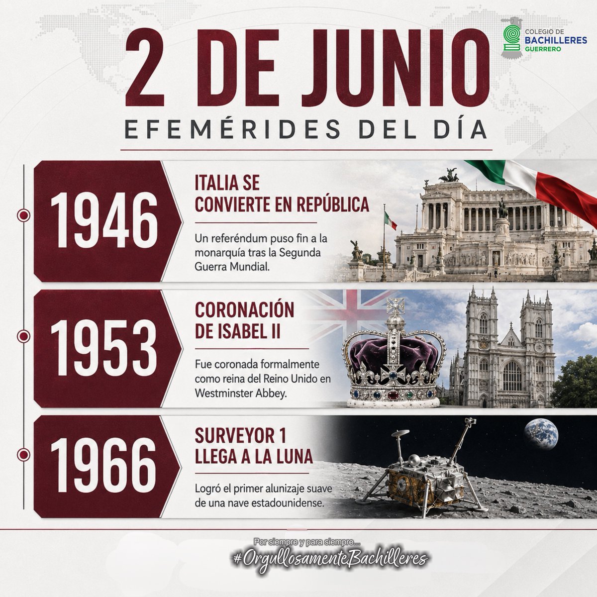 Cobach_Gro's tweet photo. 📌 Efemérides del 2 de junio

La historia también se aprende en pequeños momentos. Hoy recordamos tres acontecimientos que marcaron la política, la cultura y la exploración científica.
#OrgullosamenteBachielleres https://t.co/ihE6odjdHh