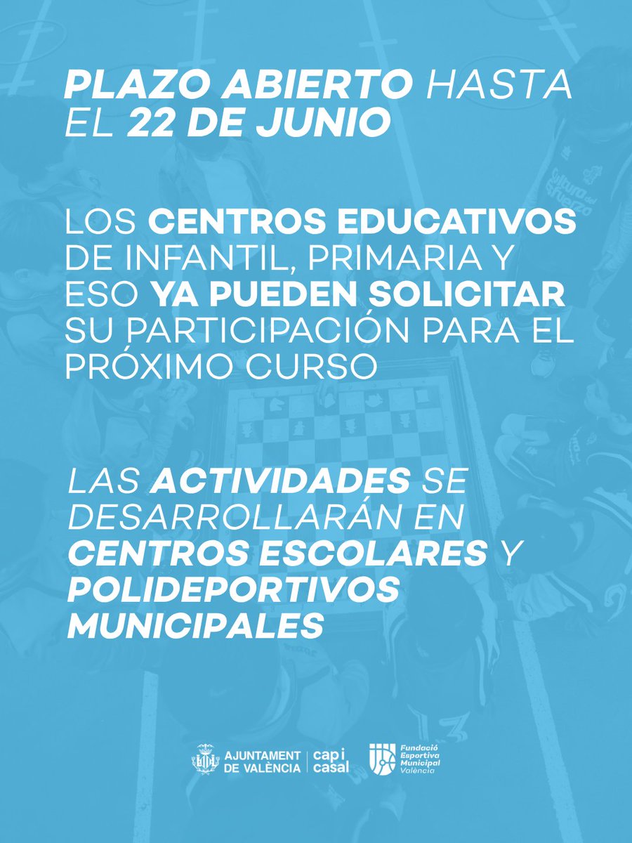 FDMValencia's tweet photo. 🏅 Abierto plazo de solicitud para las Escuelas Deportivas Municipales 2026/27.

⚽🏀🏉🏊‍♀️ Un programa con 24 modalidades deportivas que acerca el deporte a miles de escolares de València cada año.

📅 Solicitudes abiertas hasta el 22 de junio.

🔗https://t.co/4Z9qggzccN https://t.co/DmjIQ3eifJ