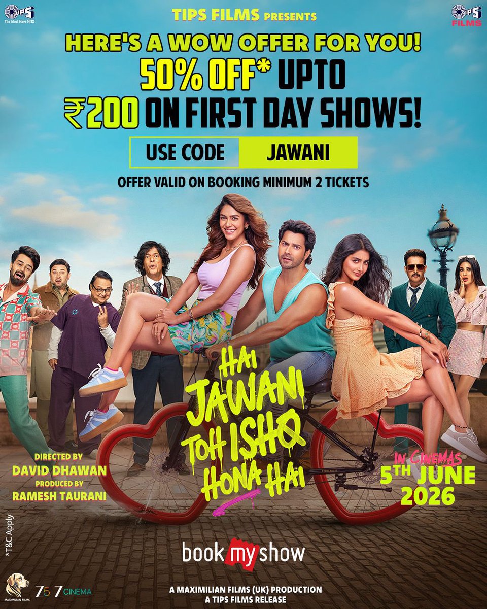 bolly_talkies's tweet photo. 🚨 One of the smartest promotions I’ve seen in a while!

Advance bookings for #HaiJawaniTohIshqHonaHai are now open, and you can grab opening day tickets at 50% OFF on BookMyShow when booking 2 tickets. Offer valid till 6 PM on June 4.

David Dhawan is back with his trademark madness, comedy and family entertainment, with #VarunDhawan, #MrunalThakur and #PoojaHegde leading the charge.

Looks like the makers are going all out to bring audiences back to theatres this Friday! 🎟️🍿