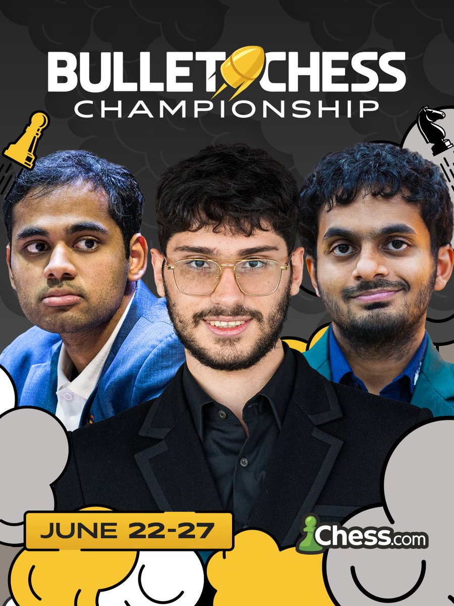 chesscom's tweet photo. THE BULLET CHESS CHAMPIONSHIP IS BACK 💨

The world's fastest players are ready to battle Alireza Firouzja for his crown in the ultimate bullet showdown! 🔥 https://t.co/sIu4DCudev