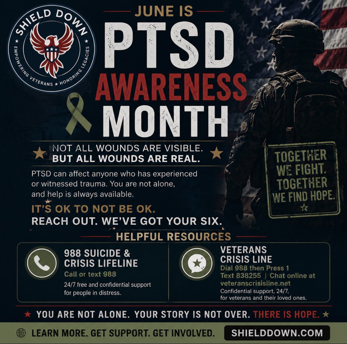 shield_down's tweet photo. June is PTSD Awareness Month.

To anyone carrying invisible wounds: you are not alone. There is hope, there is help, and there are people ready to walk beside you.

Together we fight. Together we find hope.

#PTSDAwarenessMonth #ShieldDown #FireForged https://t.co/8P9st413PT