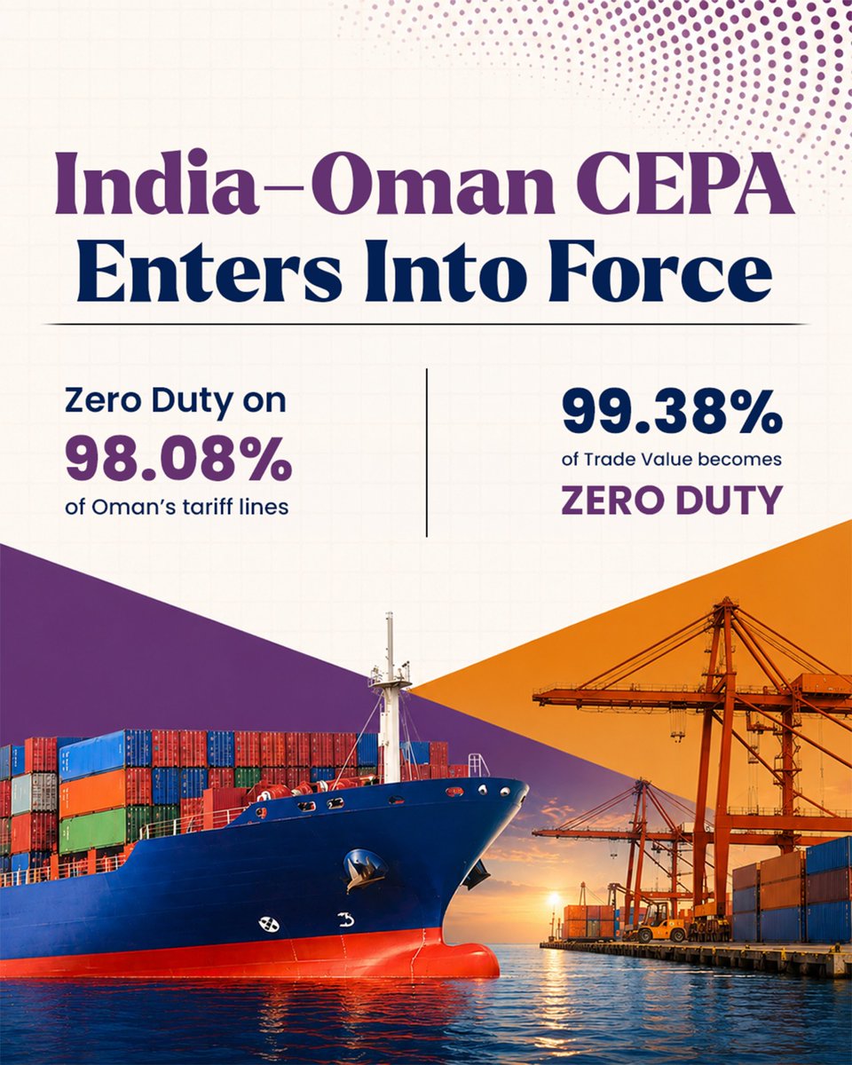 IndiainIreland's tweet photo. A new milestone in India–Oman relations. 🇮🇳🇴🇲

The India–Oman CEPA comes into force, opening new opportunities for trade, investment, jobs, and growth. A landmark step towards deeper economic partnership and shared prosperity.
#IndiaOmanCEPA
@MEAIndia @IndianDiplomacy https://t.co/BK57FchBLz